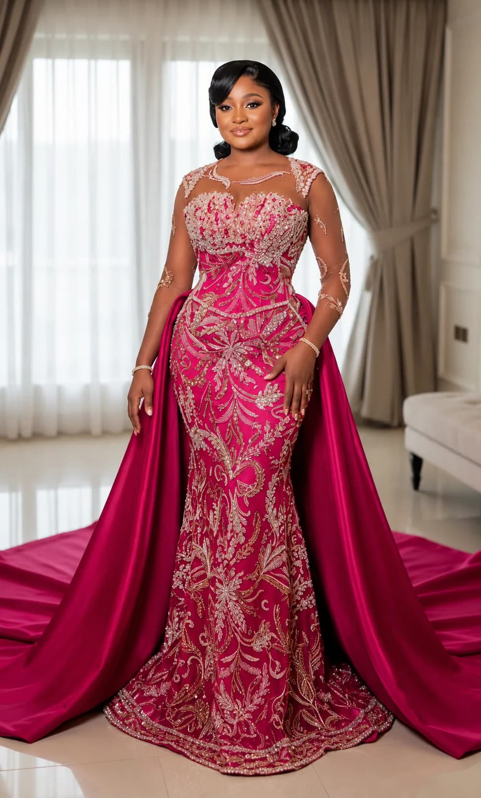 Client in a fuchsia beaded lace mermaid gown with sheer embroidered long sleeves, a corseted bodice and a satin train draped from the shoulders, standing between full-height curtains.